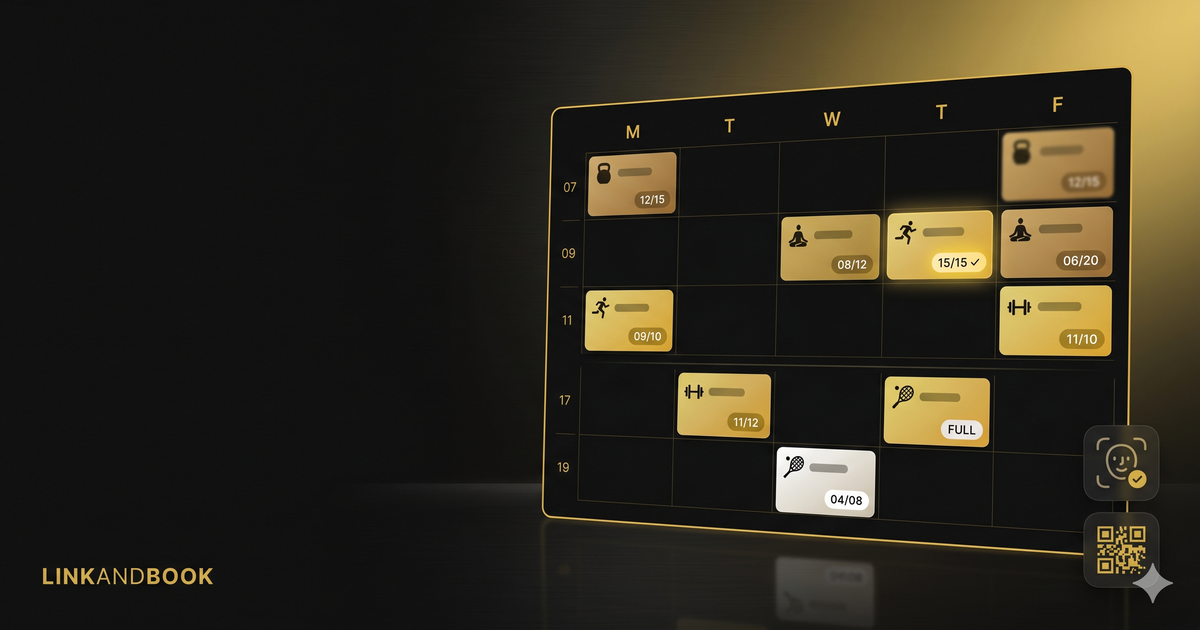 Class schedule grid with waitlist and contactless check-in